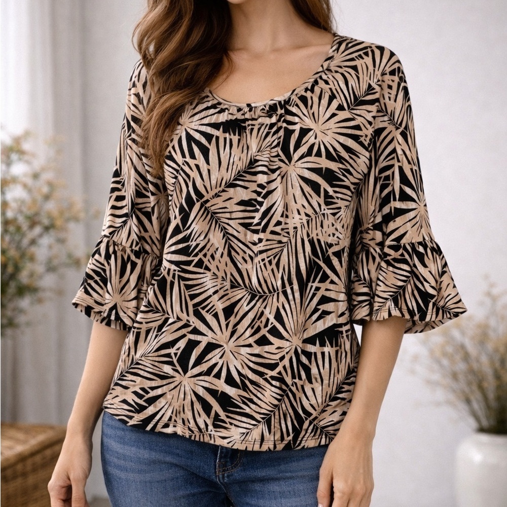 Michael Kors Palm Print Blouse | Ruffle Sleeve Top 
Size Medium